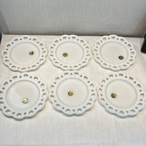 Vtg Hazel-Atlas Opaque White Milk Glass Salad Plates Set 6 Scalloped Lace Edge